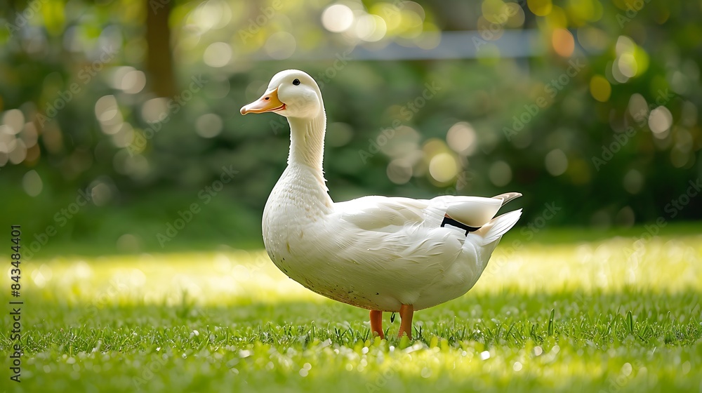 Obraz premium A white pekin duck stands on a green grassy lawn in summer