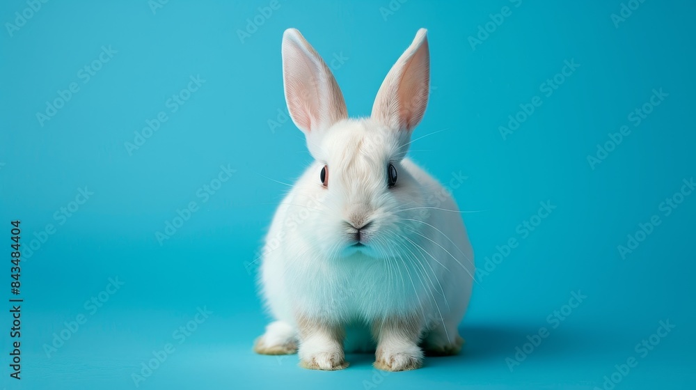 Obraz premium A cute white rabbit on a solid blue background with space above for text