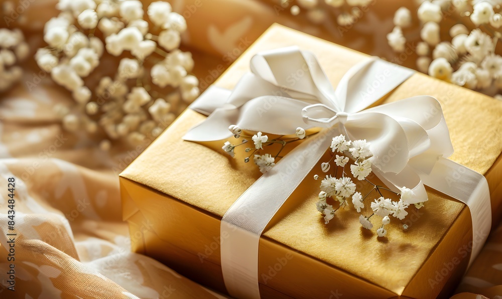 Golden Gift Box with White Bow and Delicate Flowers, Generative AI Golden Gift Box with White Bow and Delicate Flowers, Generative AI