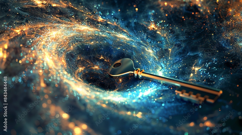 An ethereal golden key floats in a mesmerizing cosmic maelstrom, surrounded by swirling stardust and glowing nebulae. The key appears to be the center of the maelstrom. An ethereal golden key floats in a mesmerizing cosmic maelstrom, surrounded by swirling stardust and glowing nebulae. The key appears to be the center of the maelstrom.
