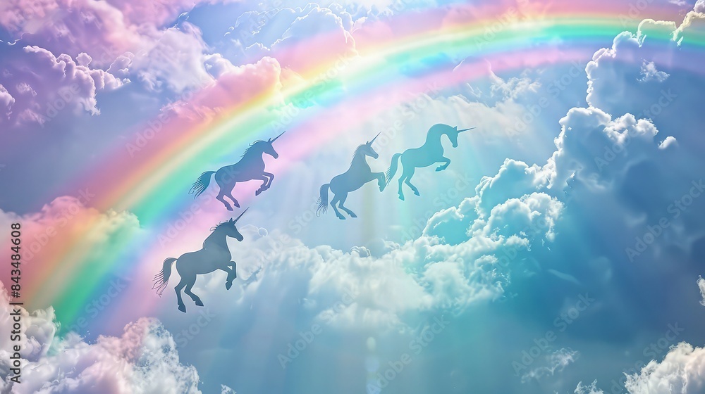 A vibrant rainbow stretching across a sky filled with fluffy clouds ...