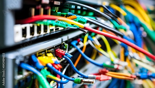 network server panel with colorful ethernet cable on switches