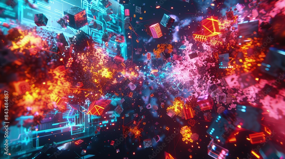 A visually rich cyber war zone with digital explosions and conflicts represented by clashing neon colors and fragmented data blocks. A visually rich cyber war zone with digital explosions and conflicts represented by clashing neon colors and fragmented data blocks.