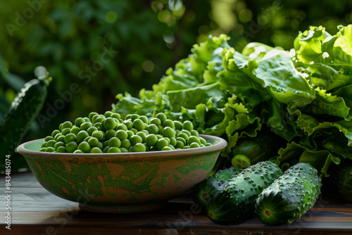 A bowl brimming with vibrant green peas rests on a wooden table, surrounded by freshly harvested leafy greens and cucumbers in a lush garden setting. photo