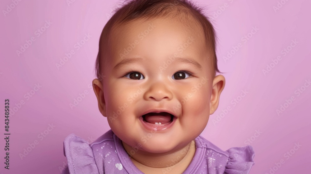 Cheerful Asian baby smiling with a purple background in colorful clothing. Cheerful Asian baby smiling with a purple background in colorful clothing.