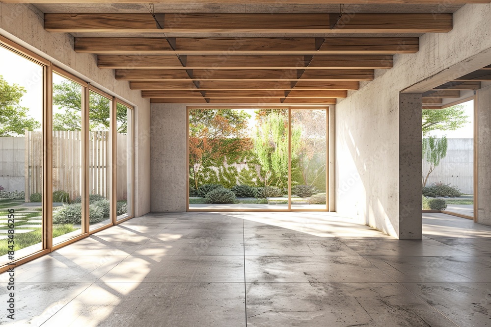 Fototapeta premium Modern empty loft room with open door to garden, 3D rendering. The rooms have concrete tile floors and wooden plank ceilings.