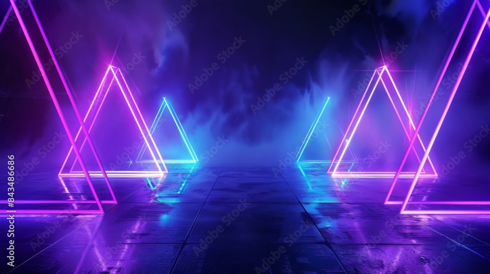 A neon-lit retro-futuristic background with glowing purple and blue triangles on a reflective surface. A neon-lit retro-futuristic background with glowing purple and blue triangles on a reflective surface.