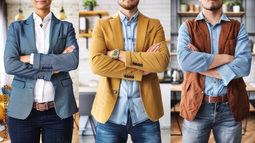 A collage of three confident business professionals standing with arms crossed in smart casual attire.