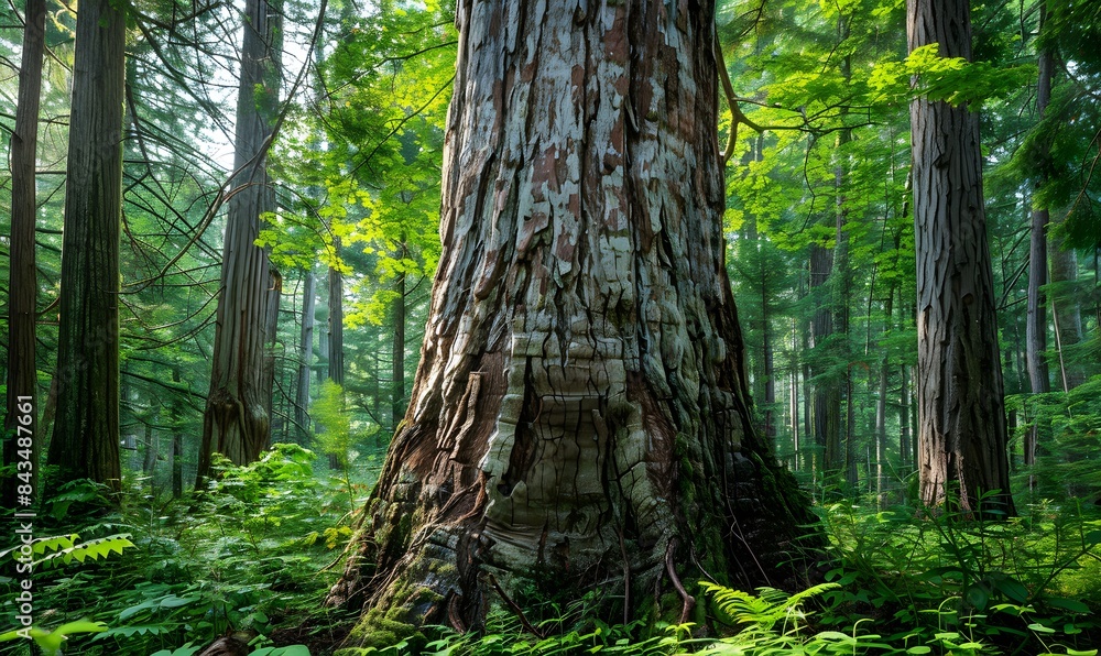 rough bark texture amidst lush green foliage in a tranquil forest, Generative AI rough bark texture amidst lush green foliage in a tranquil forest, Generative AI