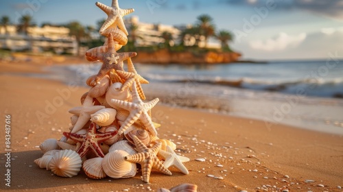 A small Christmas tree made of seashells on a sandy beach with the ocean and beachfront properties in the background. photo