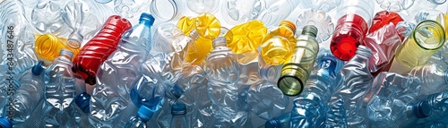 Assorted colorful plastic bottles and waste, illustrating recycling and environmental impact of plastic pollution in water. photo