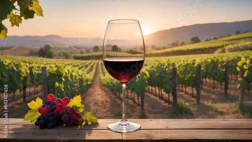 Wallpaper Mural A glass of red wine on a rustic wooden table in front of a beautiful vineyard in the sunset Torontodigital.ca