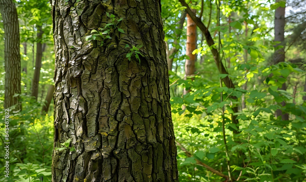 rough bark texture amidst lush green foliage in a tranquil forest, Generative AI rough bark texture amidst lush green foliage in a tranquil forest, Generative AI
