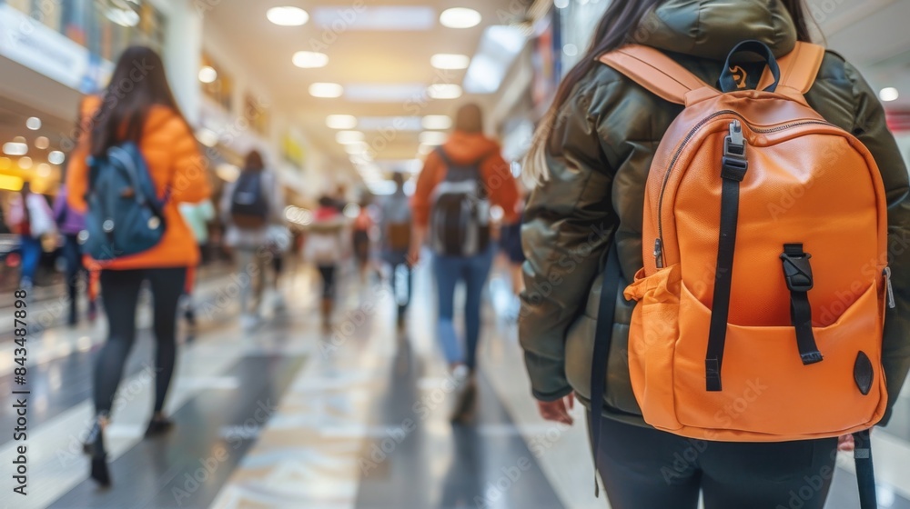 Fototapeta premium Blurred background of young students with backpacks walking in a university corridor.