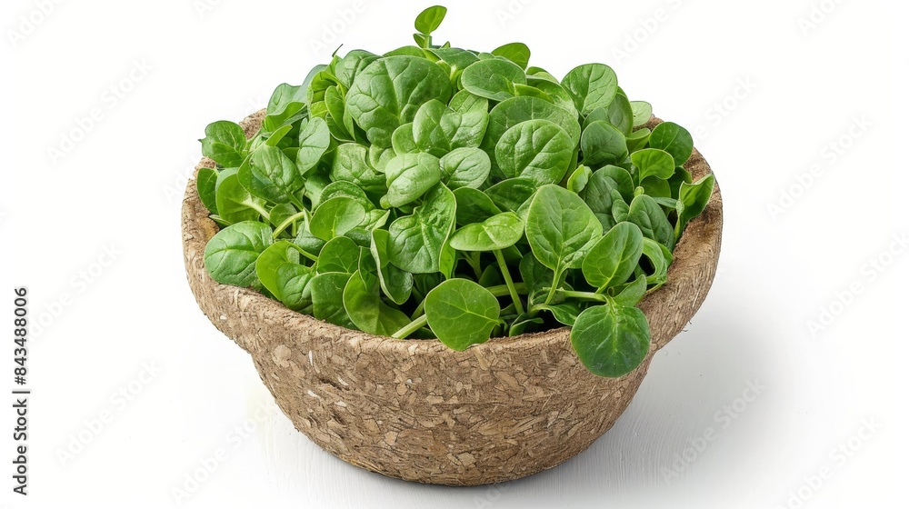 A fresh bunch of spinach leaves neatly arranged in a natural fiber bowl on a transparent background. A fresh bunch of spinach leaves neatly arranged in a natural fiber bowl on a transparent background.