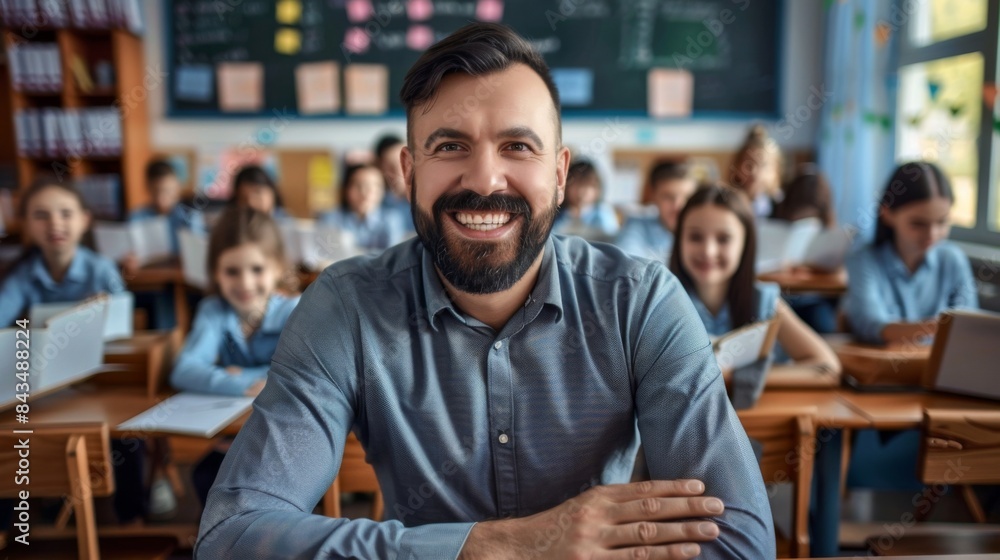 Portrait of a smiling male teacher in an elementary classroom with students in the background. Portrait of a smiling male teacher in an elementary classroom with students in the background.