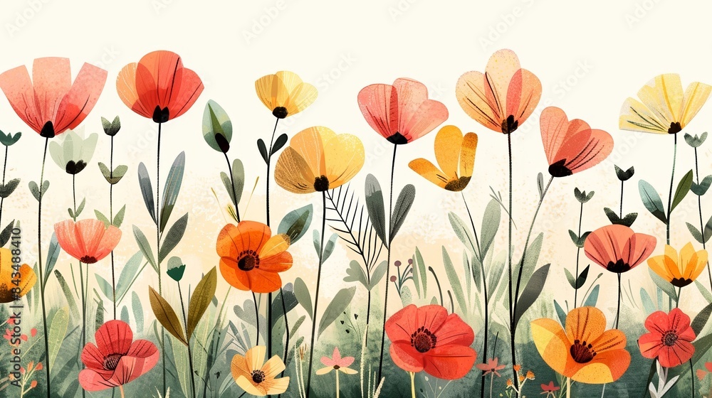 Fototapeta premium Colorful watercolor meadow flowers painting with delicate petals and green stems, creating a vibrant and cheerful floral landscape.