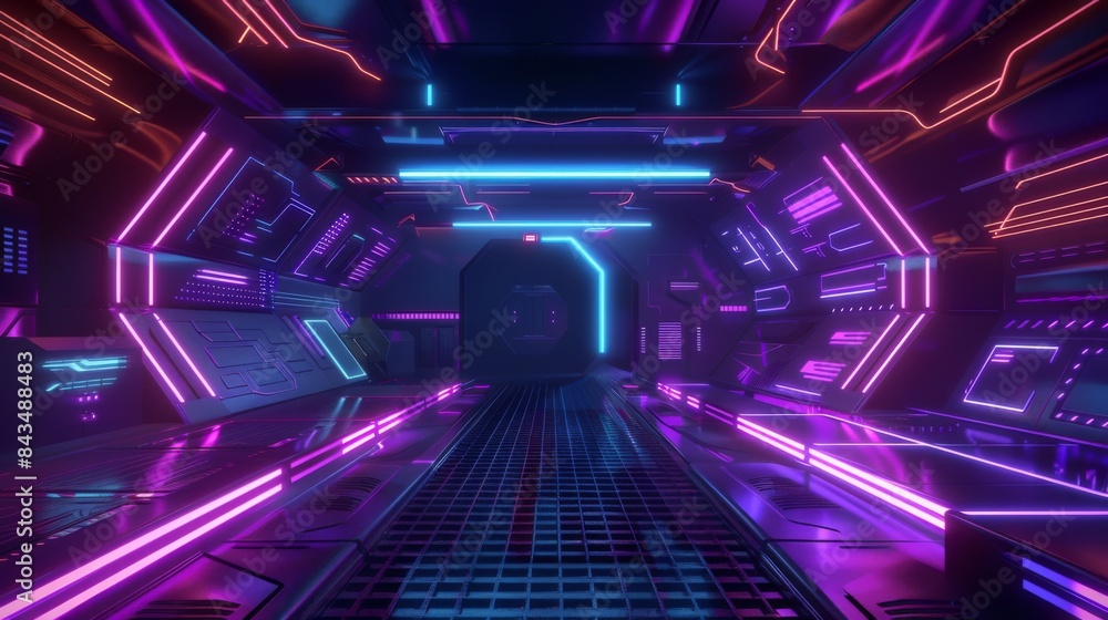 A 3D render of an abstract geometric background featuring neon lights and futuristic shapes in a corridor. A 3D render of an abstract geometric background featuring neon lights and futuristic shapes in a corridor.