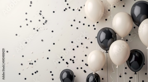 Elegant celebration scene with black and white balloons and confetti against a light background, perfect for party and festive themed designs.