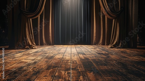 Empty wooden stage with dramatic lighting and heavy curtains, suitable for theater and performance-related content. photo