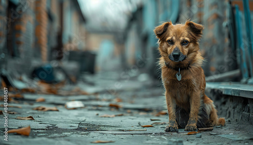 Recreation of a abandonment sad dog in a street waiting your owner photo