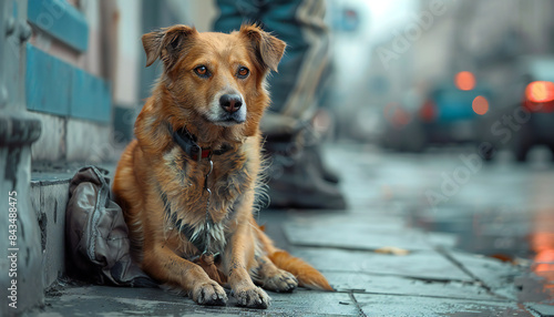 Recreation of an abandonment or escaped lose dog in a street photo