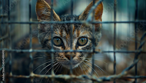Recreation of a abandonment kitten in a cage of an animal shelter