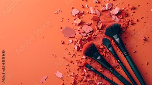 Creative concept beauty fashion of cosmetic product make up brushes kit with smashed lipstick eyeshadow on orange background