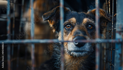 Recreation of a abandonment dog in a cage of an animal shelter