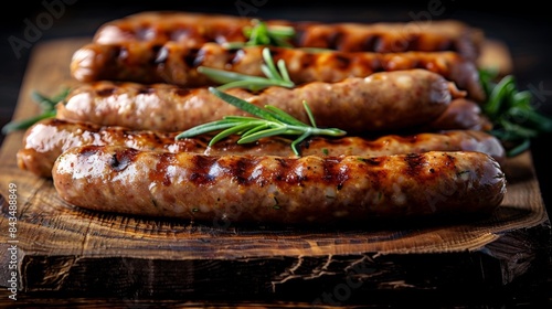 Grilled homemade sausages with herbs on a rustic wooden board, showcasing a mouth-watering barbeque dish.