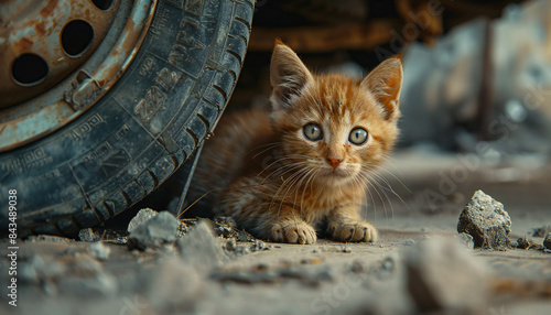 Recreation of a stray kitten under a old car photo