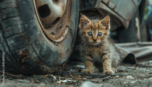 Recreation of a street scare kitten under a old car	 photo