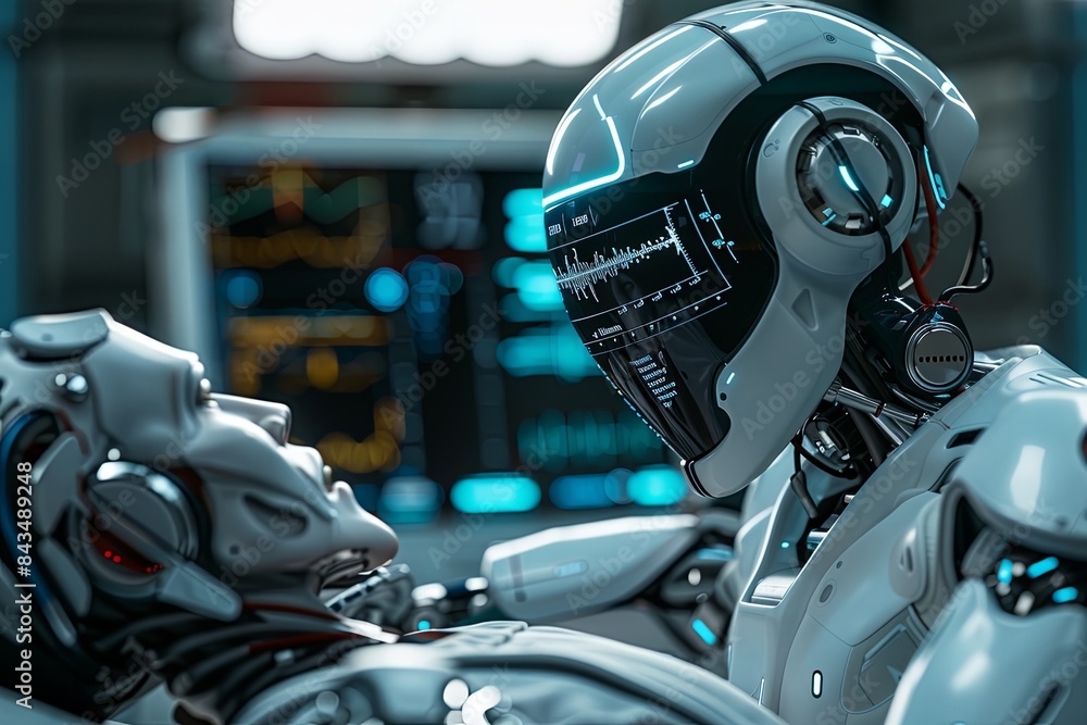 Fototapeta premium A robot doctor examines a patient lying on a medical table, with futuristic medical equipment in the background. Generative AI