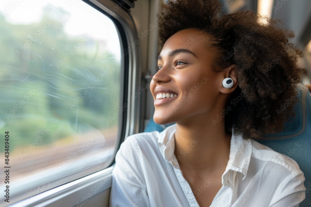 Photo of a businesswoman smiling while sitting on the train, wearing AirPods and looking out through an open window. Web banner with empty space on the left side Photo of a businesswoman smiling while sitting on the train, wearing AirPods and looking out through an open window. Web banner with empty space on the left side