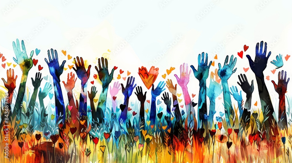 A vibrant illustration of multicultural hands raised with hearts symbolizing unity and diversity. A vibrant illustration of multicultural hands raised with hearts symbolizing unity and diversity.