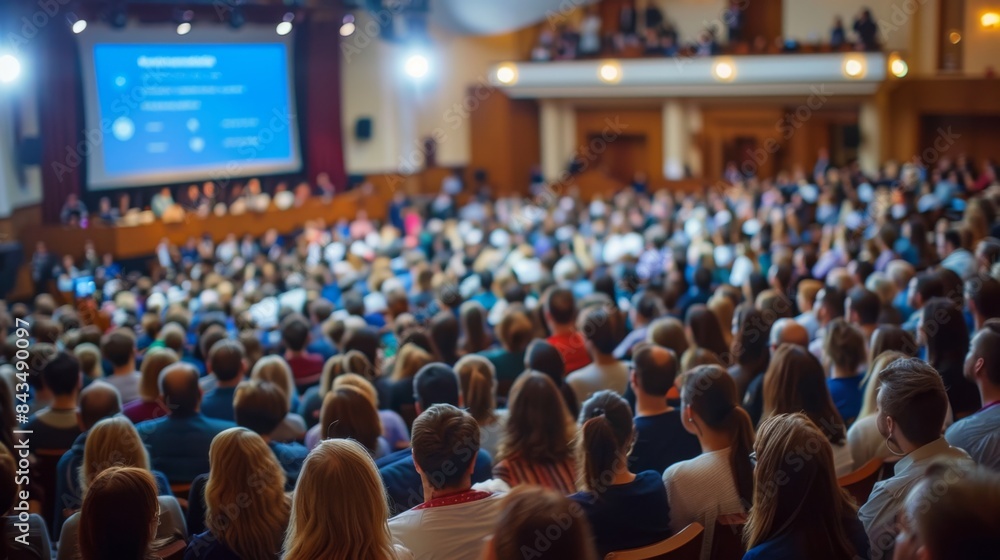 Naklejka premium Back view of an audience attentively watching a presentation at a conference hall.