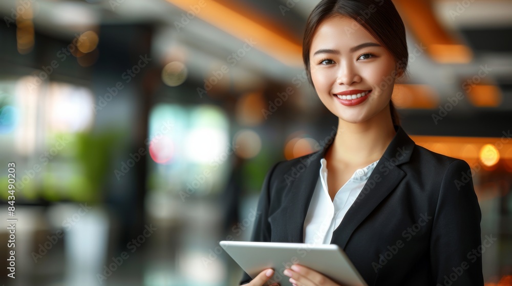 Fototapeta premium A professional young Asian businesswoman holds a tablet, smiling confidently in a modern office environment.