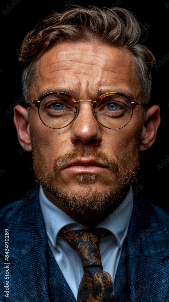 A close-up portrait of a business man in glasses, with a serious expression, against a dark background. A close-up portrait of a business man in glasses, with a serious expression, against a dark background.