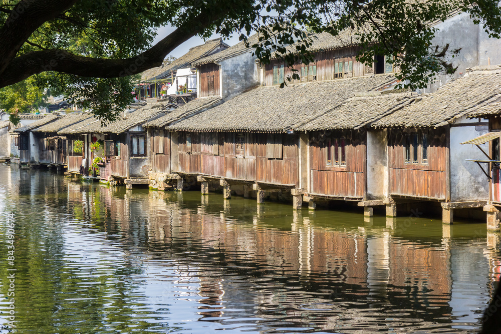 Tree branch over the Dongshi river in water town Wuzhen, China Tree branch over the Dongshi river in water town Wuzhen, China