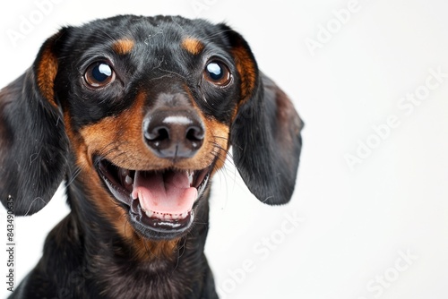 Close-up of a happy smiling Dachshund with tongue out, showcasing its adorable and friendly expression - Generative ai © Gelpi
