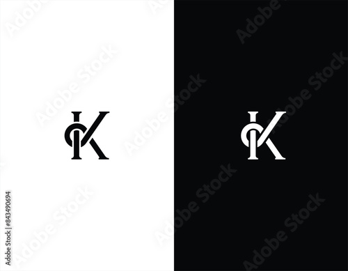 Letter K or IK monogram with black and white background. 