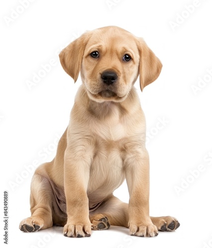 Adorable Labrador Retriever puppy sitting with a curious expression, isolated on white background - Generative ai