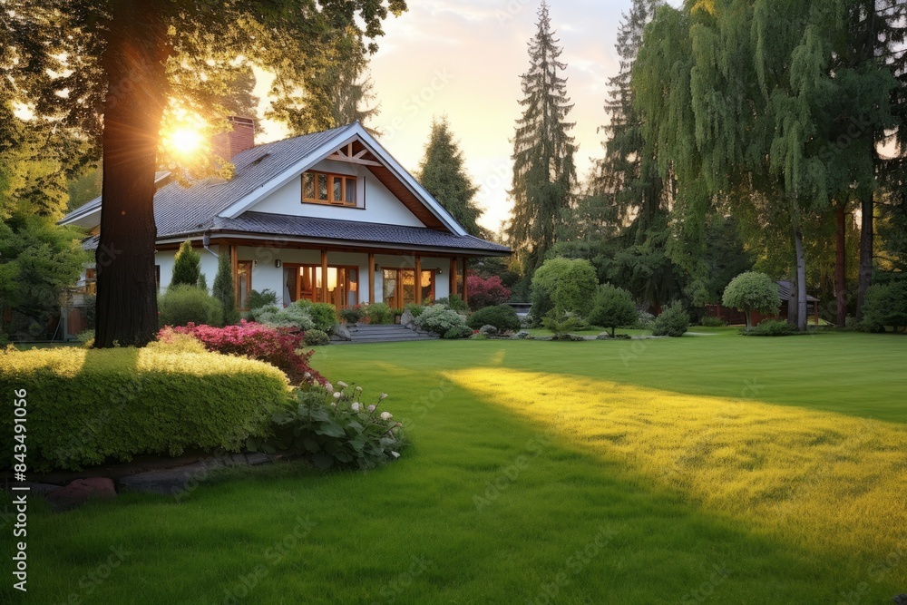 Cozy country house, neatly manicured lawn in the rays of the setting sun. Cozy country house, neatly manicured lawn in the rays of the setting sun.