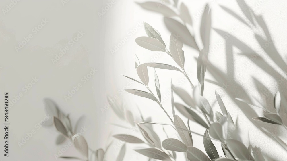 Soft shadows of leaves on a white wall creating a tranquil nature-inspired pattern. Soft shadows of leaves on a white wall creating a tranquil nature-inspired pattern.