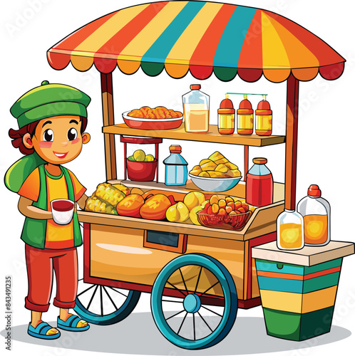 Young boy standing by a colorful fruit and snack cart