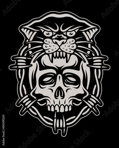 skull and panther with old school tattoo style