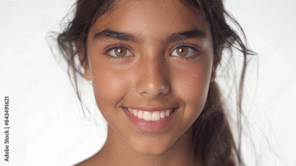 Close-up portrait of a young girl with a warm smile, big brown eyes, and dark hair. Close-up portrait of a young girl with a warm smile, big brown eyes, and dark hair.
