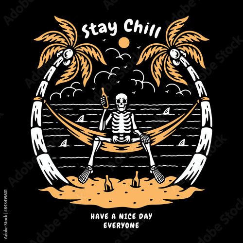 Skeleton lying in a hammock with a bottle of beer