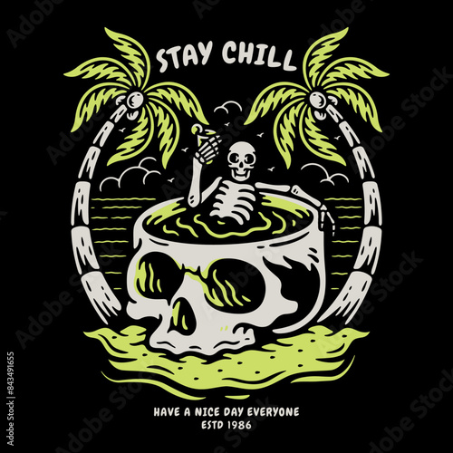 skull relaxing while drinking cocktails on the beach