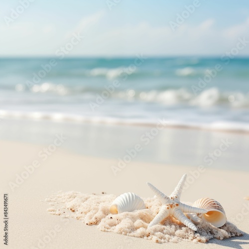 Seashells on Sandy Beach with Gentle Waves in Natural Light photo